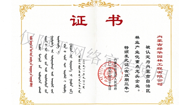標(biāo)題：內(nèi)蒙古龍頭企業(yè)榮譽(yù)證書
瀏覽次數(shù)：2048
發(fā)表時間：2019-10-26